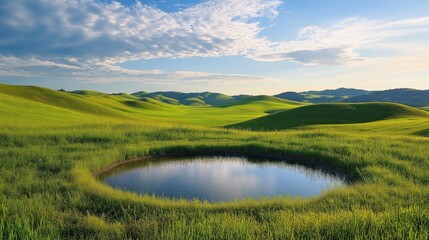 Nestled among rolling green hills, a peaceful well mirrors the sky above, blending seamlessly into the serene landscape.

