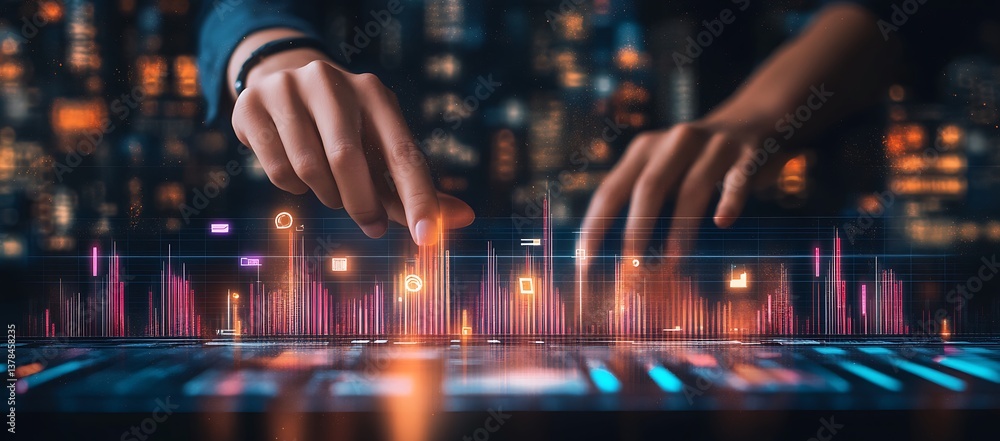 Poster businessman touching virtual ai bot interface with digital network, binary code, stock market graph,