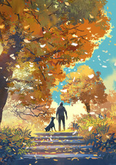 A man and his dog stand peacefully under golden autumn trees surrounded by falling leaves and warm sunlight in a serene outdoor park scene, digital art style, illustration painting