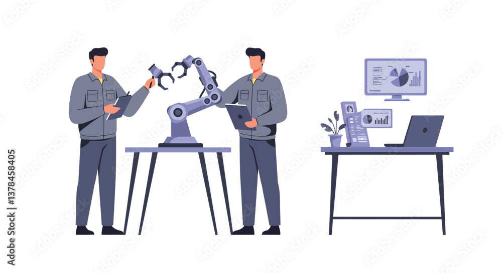 Poster two technicians interacting with a robotic arm in flat vector art style