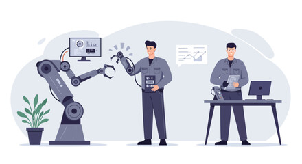 Robot arm assisting technician in flat design vector art and modern workspace vector illustration