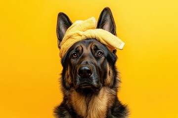 German shepherd with towel on head poses against bright yellow background in playful and humorous setting