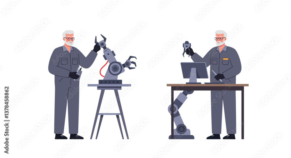 Poster senior engineer working with robotic arm in flat vector illustration