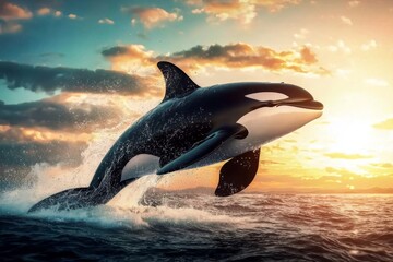 Fototapeta premium Illustrative AI artwork of a sunset with an orca.