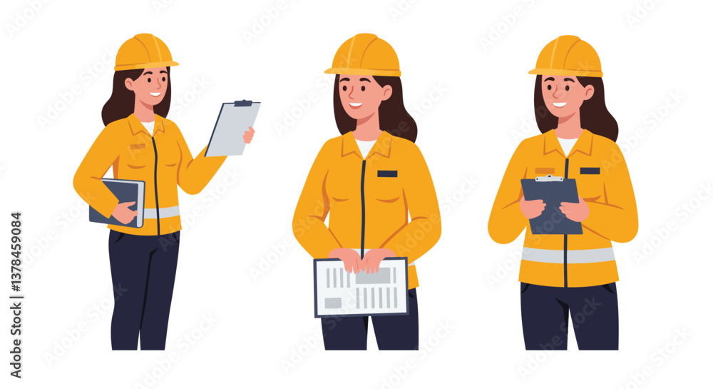 Aufkleber construction worker character in flat design style showcasing task changes in vector illustration