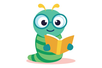 Cartoon Striped Green Worm with Glasses Reading a Book on White Background
