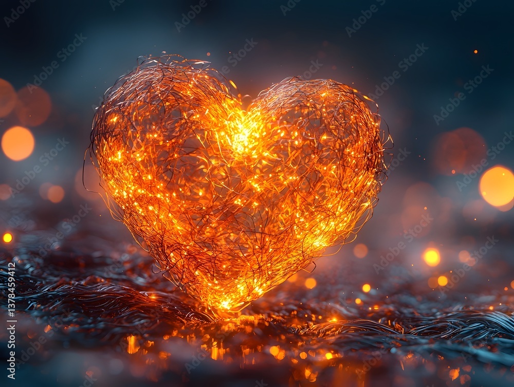 Poster a heart of glowing golden threads floating in a surreal dreamy cloudscape
