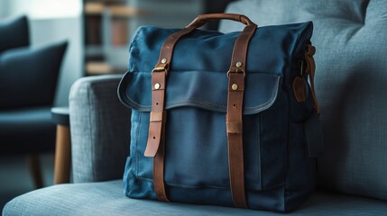 A stylish blue rucksack with brown leather straps and buckles rests on a grey cushion, blending function with modern design.

