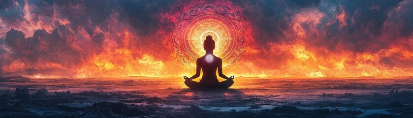 Meditating Silhouette Surrounded by Dramatic Fiery Celestial Landscape