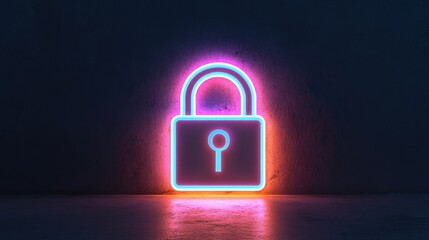 Fototapeta premium Neon padlock glowing against dark background, symbolizing securi