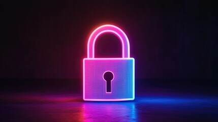 Fototapeta premium Neon lock symbol illuminated in vibrant pink and blue tones agai