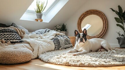 Boston Terrier Resting on Plush Rug in Cozy Modern Room