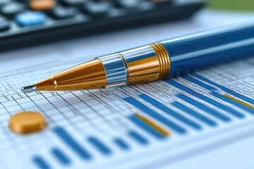 Pen resting on financial documents with calculator blurred in the background