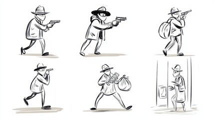 Six Black And White Illustrations Of A Robbery In Progress