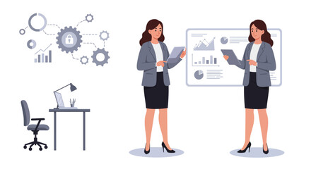 Obraz premium Businesswoman presenting data with digital charts in flat vector art