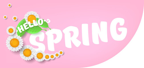 Hello spring pink and white horizontal banner with text and flowers. hello spring slogan or label isolated on pink background. Springtime banner, corner , sticker and header