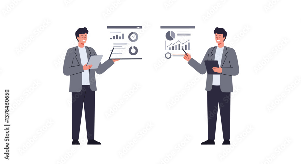 Poster professional man presenting data in two frames with flat design vector art