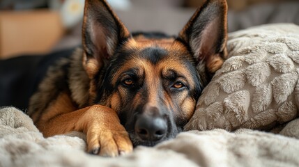 Relaxed German Shepherd Dog Resting Its Head on Soft Pillow