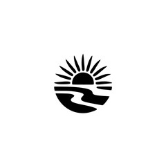 Minimalist Sunrise over River Logo, Black and White, Modern Design