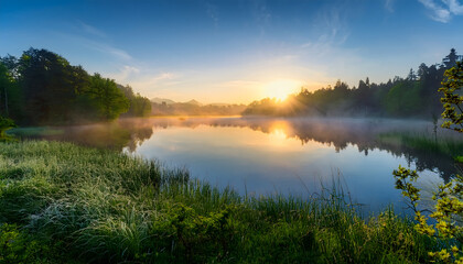 A serene lake at sunrise, surrounded by lush greenery, casting reflections on the water's surface, creating a tranquil atmosphere