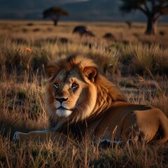 Fototapeta premium A lion resting in the savanna, regal and majestic.