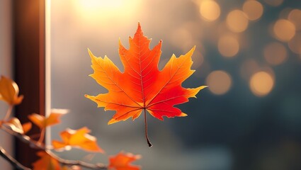 Single Autumn Leaf with Vibrant Orange-Red Colors on Blurry Golden Background