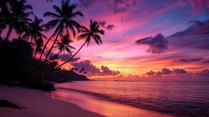 Stunning sunset landscape featuring palm trees by the beach.