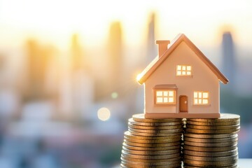 Mini house model placed on coin stacks against a glowing city skyline, ideal for real estate investment, financial planning, home loans, and housing market visuals