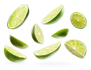 Fresh lime slices in mid-air.  Vibrant green citrus fruit segments,  isolated against white background, showcasing the juicy interior