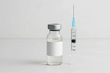 Standing syringe filled with clear liquid beside unlabeled glass vial on clean surface