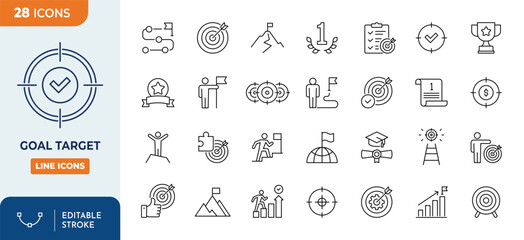 Goal Target icons set. Contains of success related icons: mission, winner, achievement, and more. Outline Icon Collection. Vector illustration. Editable stroke	