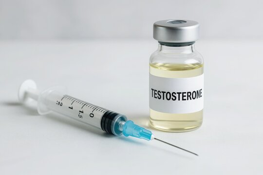 Syringe and vial labeled testosterone placed on white surface, representing hormone therapy or medical treatment concept