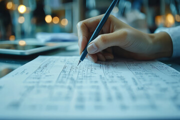 Hand writing math formulas on paper in science environment