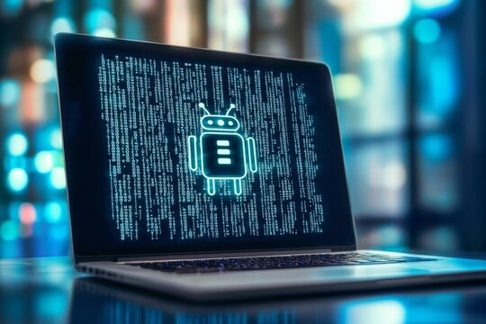 A laptop screen showing binary code with a flat robot icon, the concept of AI in coding 
