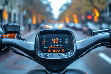 Electric scooter dashboard at night in city lights