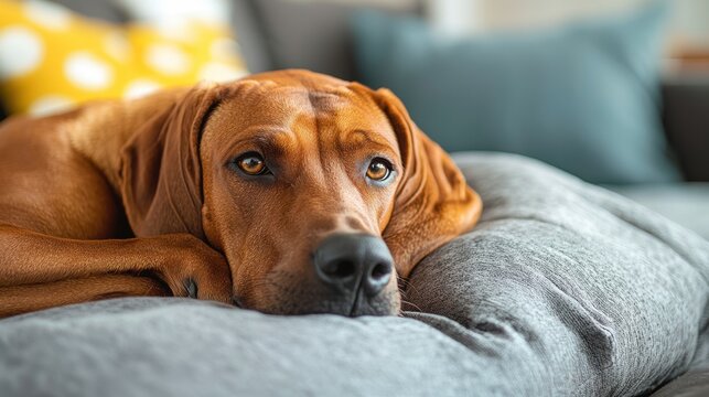 Relaxed Rhodesian Ridgeback Dog Resting Its Head on Pillow