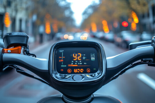 Electric scooter dashboard at night in city lights