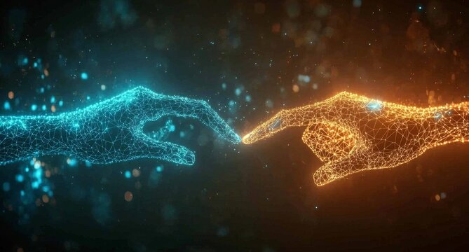 Dise&ntilde;o futurista de inteligencia artificial toc&aacute;ndose con los dedos.