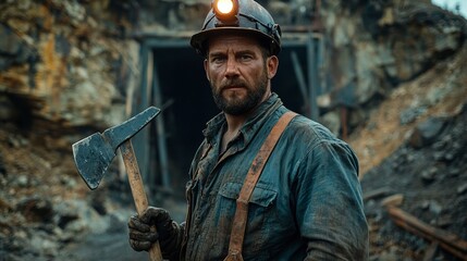 Portrait of a rugged miner holding a pickaxe in front of a tunnel entrance, symbolizing hard labor, determination, and life in industrial or resource extraction settings.