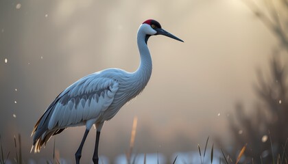 Fototapeta premium Japanese crane standing tall in morning light, exuding grace and elegance in tranquil wetlands.