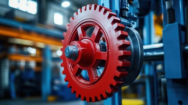 A close-up of a vibrant red gear wheel showcases precise engineering within a clean, controlled industrial workshop.

