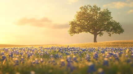 Lone Tree in a Field of Bluebonnets at Sunset