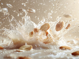 Obraz premium Almonds splashing into milk, capturing a moment of freshness, health, and nutritious dairy-free lifestyle
