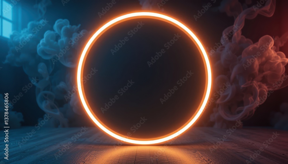 Poster dynamic light circle action in a dark studio environment creating a mystical atmosphere with smoke e