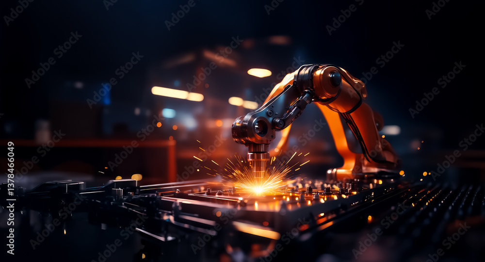 Aufkleber Robotic arm precisely welds components on a circuit board, creating bright sparks in a dimly lit industrial environment. Highlighting automation and manufacturing.