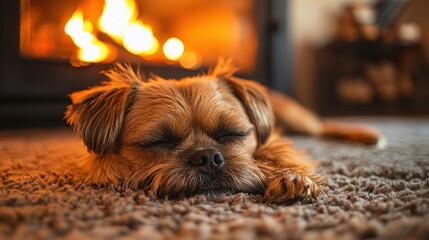 Cute Brussels Griffon Snoozing on Rug by Cozy Fireplace