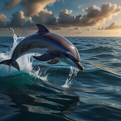 Fototapeta premium A dolphin jumping from the ocean, joyful and playful.