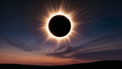 The Ring of Fire: A Perfect Solar Alignment A breathtaking solar eclipse where the Moon perfectly aligns with the Sun, casting a glowing corona around its dark silhouette. The sky is painted in deep t