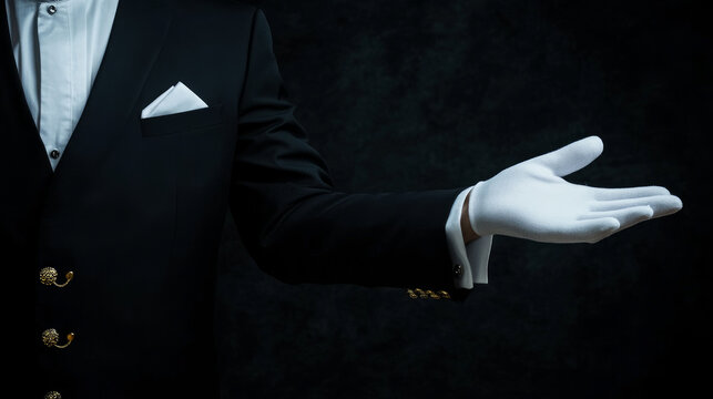 "Formal butler or hotel concierge in dark suit providing premium guest service