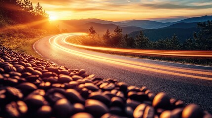 Fototapeta premium A winding road in a mountainous landscape with a beautiful reddish-purple sunset sky